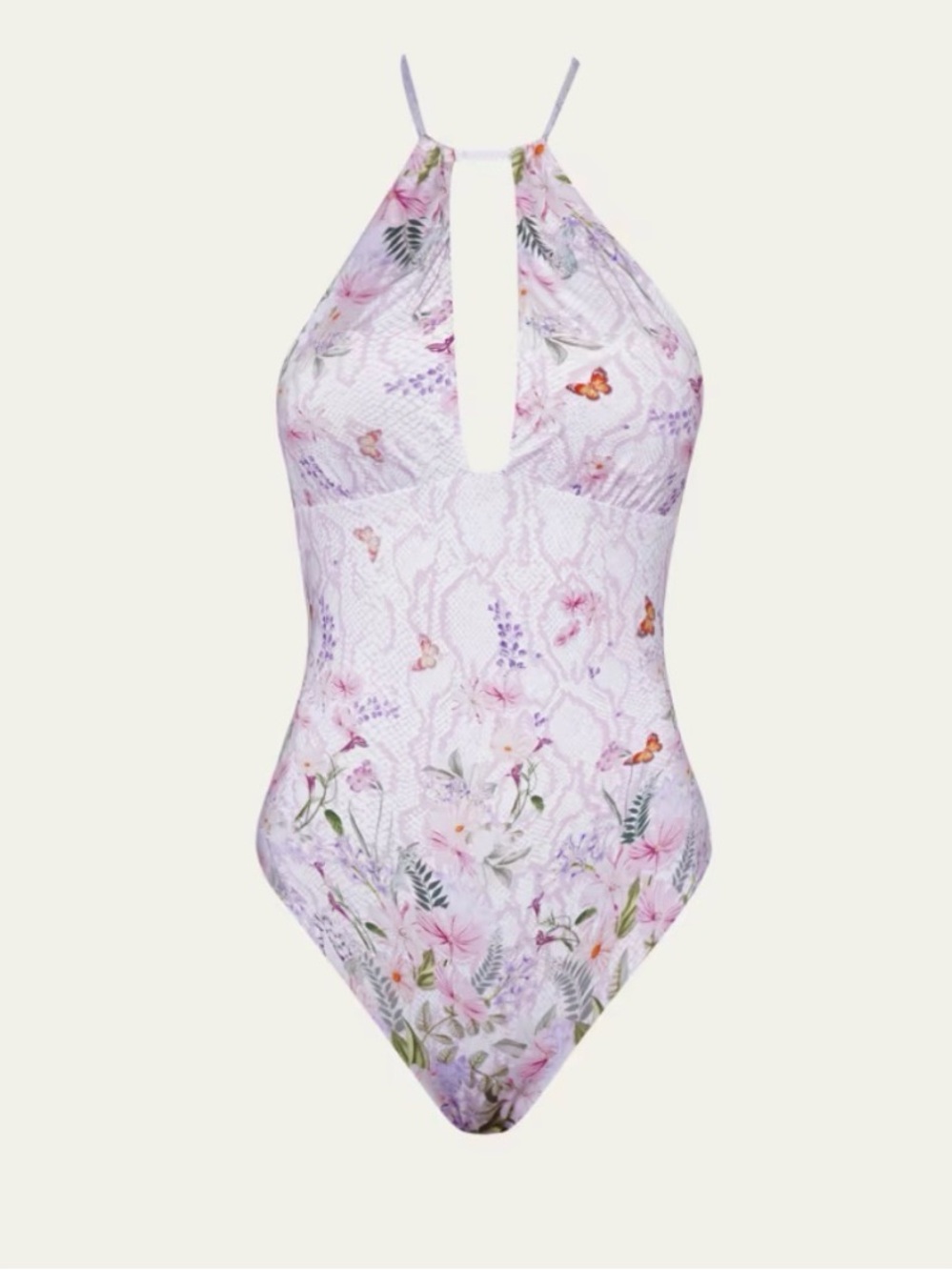Aqua Blu Australia Lavender Floral Halter One-Piece Swimsuit. Size 8. MSRP $229